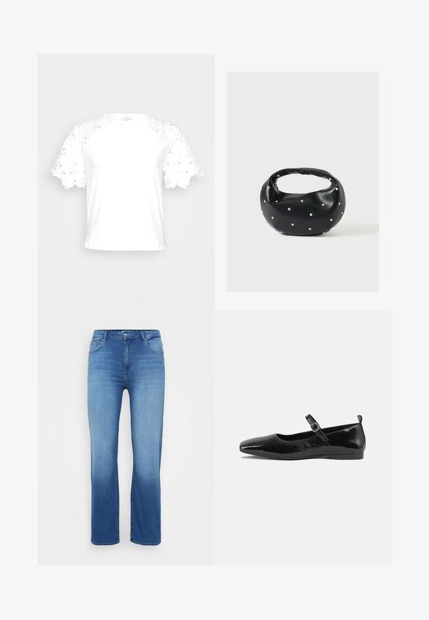 Hvid t-shirt med dekorative blonderærmer, der har et enkelt, rent design og rund hals.; Lysblå denimjeans med lige snit, fem-lomme design og en slidt effekt ved kanten. Knaplukning i taljen.; Sorte patentlæder flade sko med spidse tæer, en ankelrem med spænde og en glat, blank tekstur. Lav hæl for komfort.; Sort læderhåndtaske med en rundet form, dekoreret med sølvnitter, og et kort håndtag. Glat tekstur og lynlåslukning.