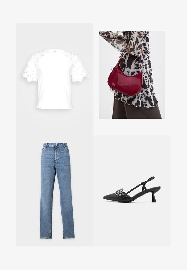Hvid t-shirt med dekorative blonderærmer, der har et enkelt, rent design og rund hals.; Blå jeans med høj talje og lige ben, med to forreste knapper og lommer, vist mod en ensfarvet lys baggrund.; Simmi London DALA - Pumps - black; Kvinde iført en sort- og hvidmønstret bluse, der holder en blank rød skuldertaske mod en ensfarvet baggrund.