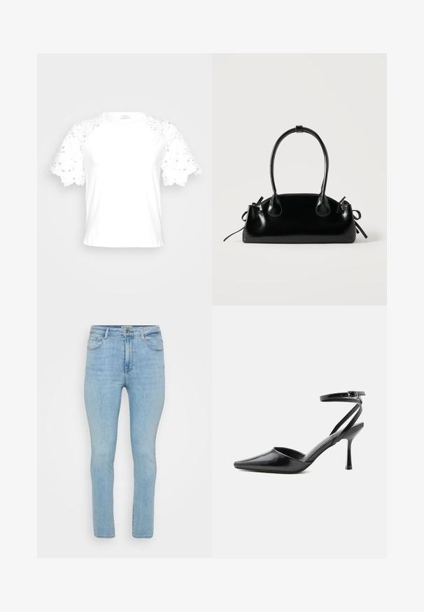 Weißes T-Shirt mit dekorativen Spitzenärmeln, das ein schlichtes, sauberes Design und einen runden Ausschnitt bietet.; Hellblaue Jeans aus Denim inSlim-Fit, mit fünf Taschen, Gürtelschlaufen und einem Standard-Reißverschluss mit Knopfverschluss.; Schwarzer spitzer High Heel mit dünnen Knöchelriemen und silberner Schnalle auf einfachem hellem Hintergrund.; Kleine schwarze glänzende Handtasche mit zwei langen Griffen und seitlichen Kordelzug-Details vor einfachem hellem Hintergrund.