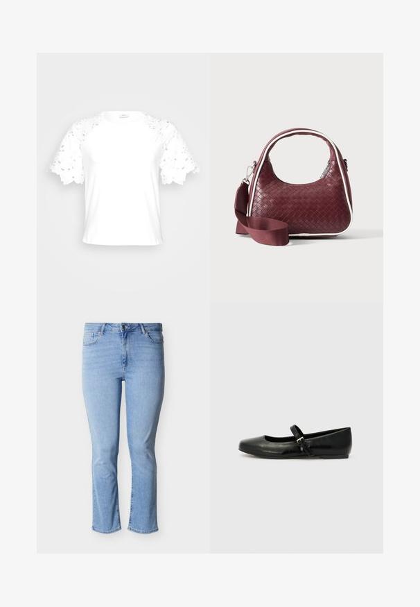Witte t-shirt met decoratieve kanten mouwen, met een eenvoudig, strak ontwerp en een ronde halslijn.; Lichtblauwe spijkerbroek met rechte pasvorm, ontwerp met vijf zakken en knoopsluiting in de taille. Versleten textuur op de stof.; Zwarte leren balletschoenen met een ronde neus, een platte zool en een dunne verstelbare band over de wreef met een metalen gesp.; Donkerrode geweven leren handtas met gebogen handvat, witte bies, zilveren rits en afneembare brede stoffen schouderriem tegen een effen achtergrond.