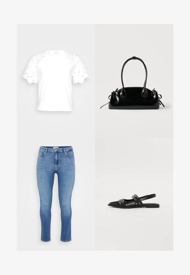T-shirt blanc avec des manches en dentelle décoratives, présentant un design simple et épuré ainsi qu'un col rond.; Jeans en denim bleu clair avec une coupe slim, présentant un design standard à cinq poches et des coutures visibles. Pas de décorations ni de motifs.; Even&Odd Ballerines à brides arrière - black; Petit sac à main noir brillant avec deux longues anses et des détails à cordon sur les côtés sur un fond clair uni.