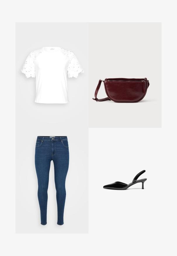 Hvid t-shirt med dekorative blonderærmer, der har et enkelt, rent design og rund hals.; Mørkeblå skinny jeans lavet af denim, med et klassisk fem-lomme design, flad front og en metal knaplukning i taljen.; Sorte patentlæder slingback hæle med spids tå, lav stiletto hæl og et elegant, enkelt design uden pynt.; Vinrød læderhåndtaske med halvmåneform, lynlås og aftagelig rem. Glat tekstur med en subtil glans.