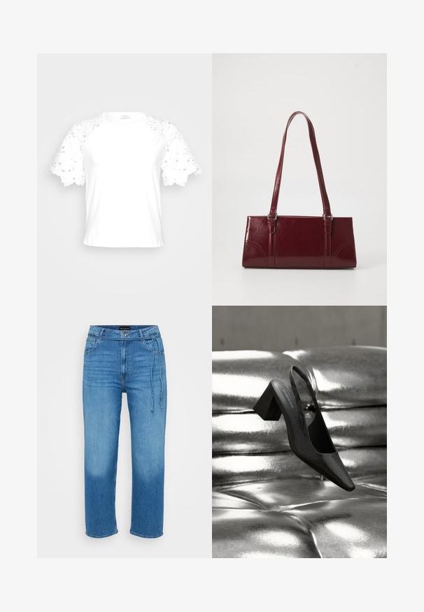 Camiseta blanca con mangas de encaje decorativo, que presenta un diseño simple y limpio con escote redondo.; Vaqueros de mezclilla azul claro con un corte relajado, piernas rectas, cintura de altura media y detalle ajustable de lazo en la parte frontal. Textura suave.; Tacón destalonado negro con punta en forma de pico, con superficie texturizada y tacón ancho y grueso. Colocado sobre un fondo metálico brillante.; Bolso burdeos hecho de material brillante, de forma rectangular, con dos asas para el hombro y sutiles acentos curvados en la parte frontal.