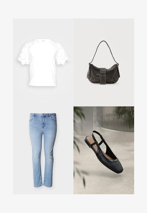 Witte t-shirt met decoratieve kanten mouwen, met een eenvoudig, strak ontwerp en een ronde halslijn.; Lichtblauwe spijkerbroek met rechte pasvorm, vijfzakkenontwerp, ritssluiting en knoopsluiting.; Zwarte leren slingback ballerina met een vierkante neus, voorzien van een glanzende lakrand en verstelbare banden voor een veilige pasvorm.; Zwarte leren schoudertas met gespsluiting aan de riem, afgeronde hoeken en contrasterende witte stiksels op een effen achtergrond.