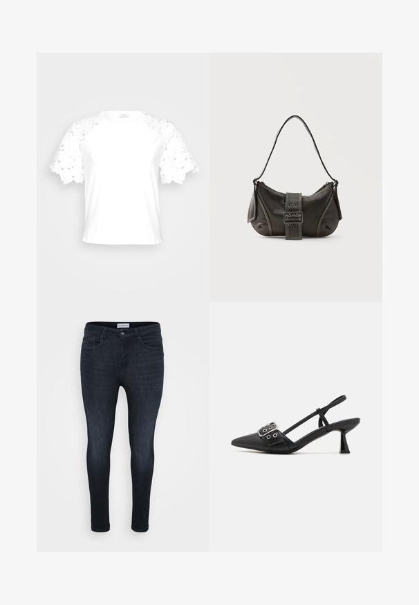 Hvid t-shirt med dekorative blonderærmer, der har et enkelt, rent design og rund hals.; Mørkeblå skinny jeans med en glat overflade, der har et klassisk fem-lomme-design og en lynlås med knaplukning.; Simmi London DALA - Pumps - black; Sort læder skuldertaske med spænde på remmen, afrundede kanter og kontrasterende hvide syninger på en ensfarvet baggrund.