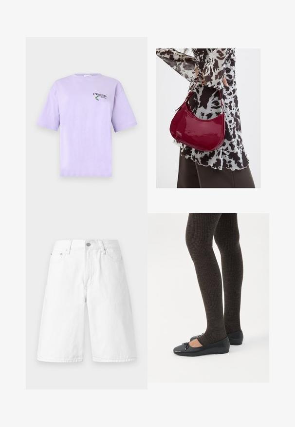 Lila T-shirt met korte mouwen met kleine tekst "L’Orange délicieux" en een bloem met twee groene bladeren op de linker bovenborst.; Witte denim shorts met een recht model, voorzakken, een knoopsluiting en een schone, gladde textuur.; Benen met donkere geribbelde leggings gecombineerd met zwarte ballerina's met kleine strikdetails op een witte achtergrond.; Vrouw met een zwart-wit gebloemde blouse houdt een glanzende rode schoudertas vast tegen een effen achtergrond.