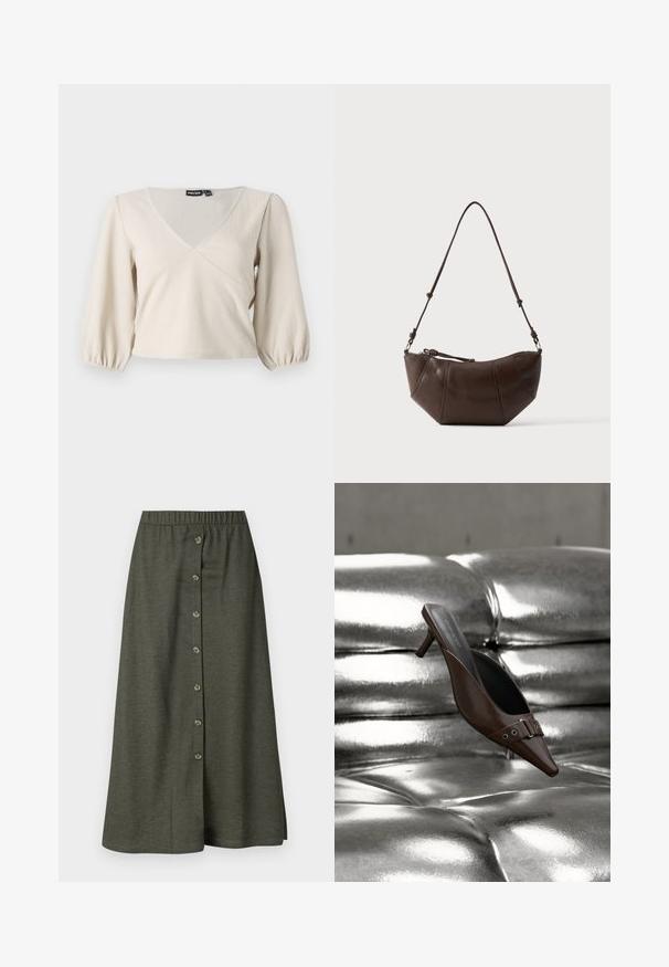 Helebeige pluus V-kaeluse, tekstureeritud kangaga ja 3/4 puffõlgadega. Omab liibuvat puusaosa ja kergeid gather'eid varrukatel.; Khaki midi seelik, millel on nupuga esitasku, kaheksa nuppu, elastne vöökoht ja sile, kerge kangas.; Pruun terava ninaga kontsaga mulesuss, millel on luku detail, hõljuv läikiva hõbedase nupukestega nahkpinna kohal.; Pruun nahast õlakott kõverdatud põhjaga ja reguleeritava rihmaga ühevärvsel heledal taustal.