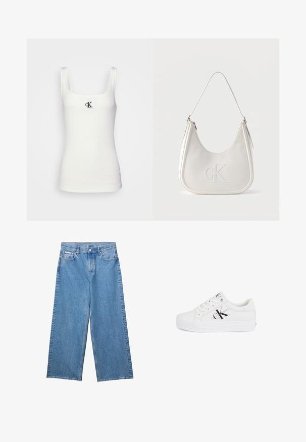 Weißes Baumwolltanktop mit quadratischem Ausschnitt und schmalen Trägern. Verfügt über ein kleines, schwarz gesticktes CK-Logo auf der Vorderseite.; Blaue Jeans mit weitem Bein, vorderer Knopfleiste und Reißverschluss, Gürtelschlaufen und Calvin Klein-Label auf der kleinen Vordertasche.; Weißer Sneaker mit glattem Lederobermaterial, rundem Zehenbereich und geschichteter Sohle. Verfügt über ein schwarzes Calvin Klein Logo an der Seite und silberne Ösen.; Weiße Leder-Umhängetasche mit Reißverschluss, geschwungener Form und erhabenem, auf der Vorderseite geprägtem CK-Logo.