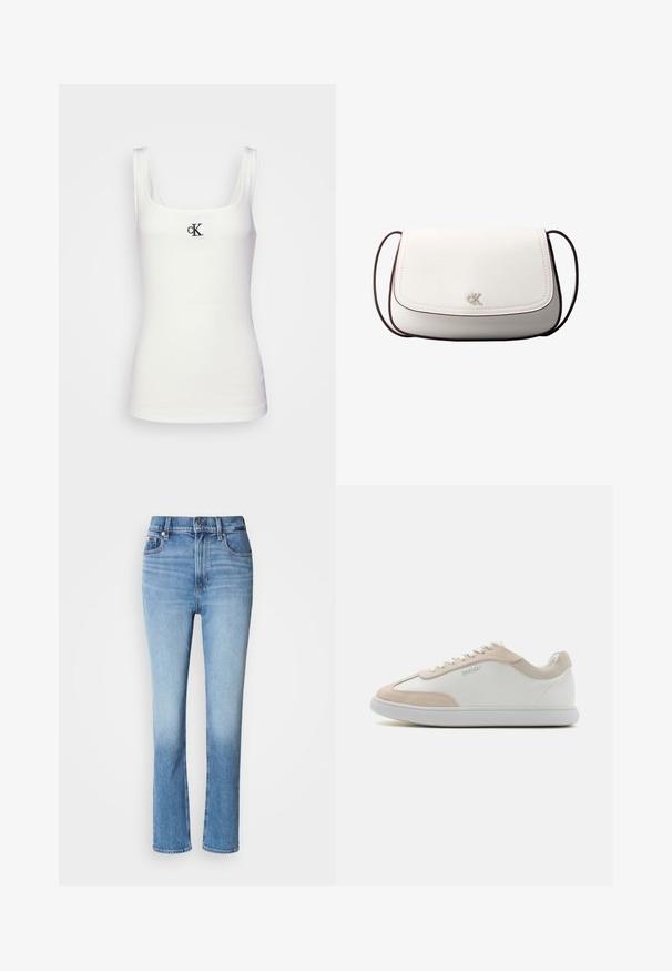 Weißes Baumwolltanktop mit quadratischem Ausschnitt und schmalen Trägern. Verfügt über ein kleines, schwarz gesticktes CK-Logo auf der Vorderseite.; Blaue Jeans aus Denim mit hoher Taille, gerader Beinführung, verblasstem Farbverlauf und fünf Taschen. Metallknopf- und Reißverschluss.; Weiße Ledersneaker mit beigen Wildleder-Akzenten und weißen Schnürsenkeln. Sie verfügen über eine runde Zehenform und eine gepolsterte Sohle für zusätzlichen Komfort.; Weiße Umhängetasche mit Klappverschluss, kleinem silbernem "cK"-Logo in der Mitte und dünnem, verstellbarem dunkelbraunem Riemen.