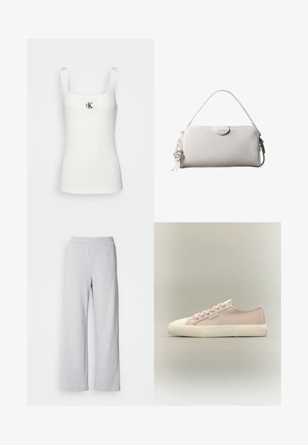 Hvid bomulds tanktop med firkantet udskæring og smalle stropper. Har et lille sort broderet CK-logo på forsiden.; Lys grå joggebukser med bred bendesign, elastisk talje og subtile syninger. Lavet af blødt, åndbart stof.; Lyserød lavtliggende lærredssneaker med hvid gummisål og tåhætte, metalknapper og et lille Calvin Klein-logo på siden.; Hvid rektangulær Calvin Klein håndtaske med enkelt håndtag, minimalistisk design og dekorative kvaster med geometrisk metalvedhæng på siden.