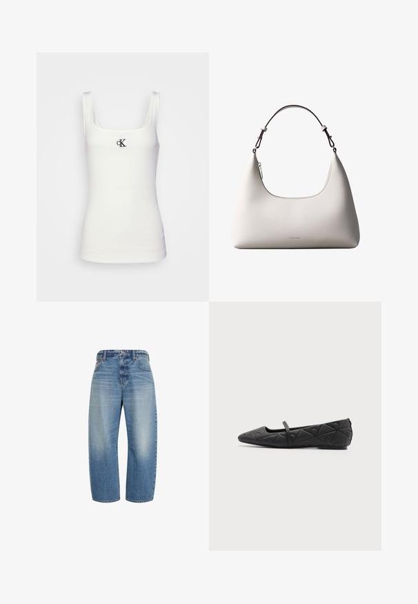 Weißes Baumwolltanktop mit quadratischem Ausschnitt und schmalen Trägern. Verfügt über ein kleines, schwarz gesticktes CK-Logo auf der Vorderseite.; Blaue hoch taillierte Jeans mit weitem Bein, vorderen Taschen, Knopf- und Reißverschluss, die verblasste Waschdetails an den Oberschenkeln zeigen.; Schwarzer flacher Schuh mit spitzer Spitze, gestepptem geometrischem Muster und dünnem Riemen über dem Spann vor einfarbigem Hintergrund.; Cremefarbene Calvin Klein Lederschultertasche mit gebogener Oberkante, silbernem Reißverschluss und dunkelbraunem verstellbarem Riemen.
