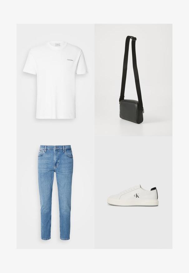Camiseta de algodón blanca con mangas cortas y un escote en forma de cuello redondo. Presenta un pequeño logotipo negro de "Calvin Klein" en el lado izquierdo del pecho.; Vaqueros de mezclilla azul claro con corte recto, diseño de cinco bolsillos y un sutil desgastado. Presentan un cierre de botón y pasadores para cinturón.; Zapatillas de cuero blanco con puntera redondeada, suela de goma plana y acento negro en el talón. Presenta un destacado logo negro de Calvin Klein en el costado.; Bolso bandolera de cuero negro con textura suave, forma rectangular, correa negra ajustable y detalle de cremallera plateada.