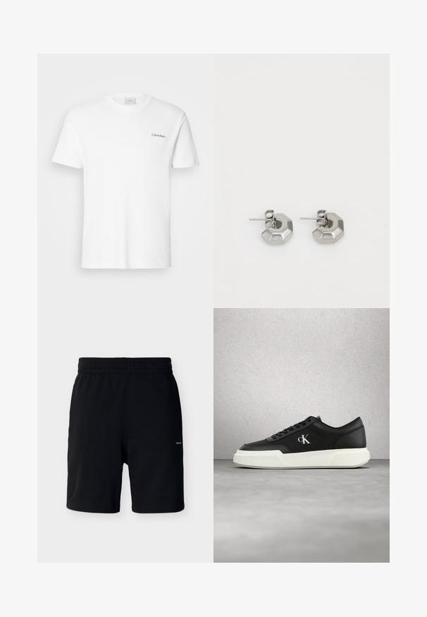 Weißes Baumwoll-T-Shirt mit kurzen Ärmeln und Rundhalsausschnitt. Mit einem kleinen schwarzen "Calvin Klein"-Logo auf der linken Brust.; Schwarze Shorts bis zur Mitte des Oberschenkels mit elastischem Bund, aus weichem Stoff gefertigt, mit kleinem weißem Calvin Klein Logo am rechten Bein.; Schwarzer Ledersneaker mit weißer Sohle und "cK" Logo, schwebend vor einer Wand aus Glasklötzen und einem Betonboden.; Silberne Metall-Stiftohrringe in einer kantigen, sechseckigen Form, mit einer polierten Oberfläche und einer sicheren Push-Back-Verschluss.