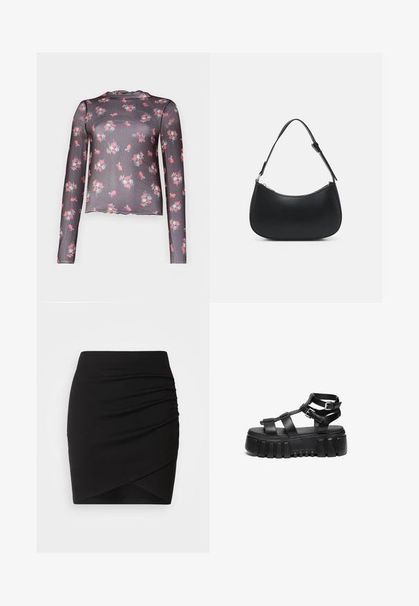 Blusa de manga larga transparente en gris oscuro con un estampado floral de rosas en tonos rosas y verdes, con un dobladillo con forma de onda y una textura ligera.; Minifalda negra hecha de tejido elástico, con un diseño arrugado y silueta envolvente, de textura suave y cintura ajustada.; Las sandalias de plataforma negras presentan tiras en capas y detalles de hebilla, con una suela gruesa y texturizada y un diseño de plantilla suave.; Pieces PCALUANA SHOULDER BAG - Bolso de mano - black