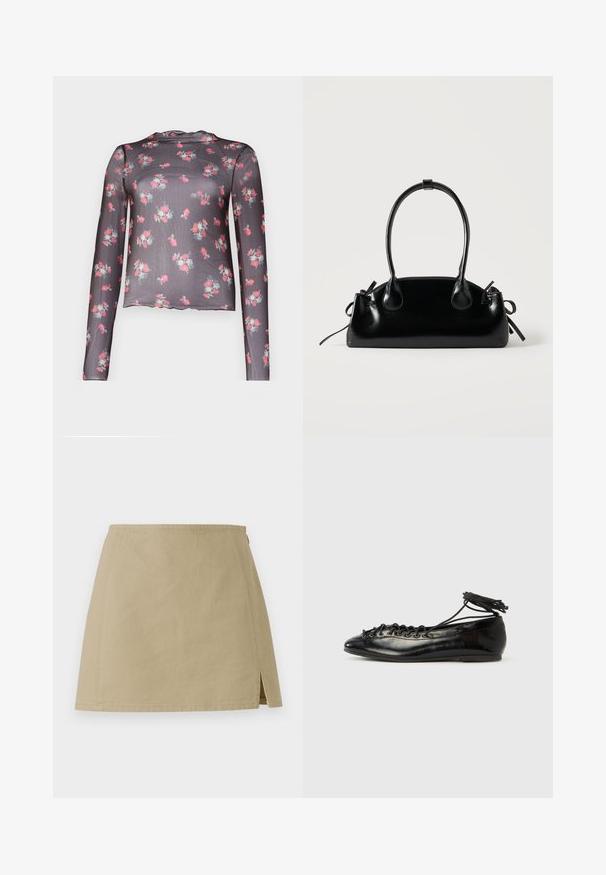 Blusa de manga larga transparente en gris oscuro con un estampado floral de rosas en tonos rosas y verdes, con un dobladillo con forma de onda y una textura ligera.; Mini falda de corte A beige con abertura lateral, confeccionada con tejido texturizado, exhibida sobre un fondo blanco liso.; Zapatos planos tipo ballet de charol negro con punta redondeada, diseño con cordones y suela plana. Textura lisa con detalles mínimos.; Pequeño bolso negro brillante con dos asas largas y detalles de cordón lateral sobre un fondo claro liso.