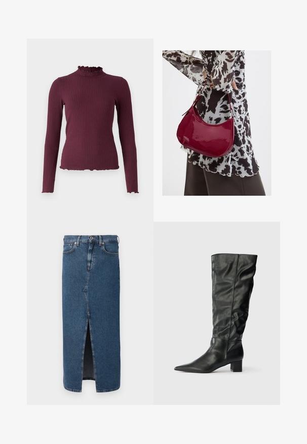 Ribstrikket, langærmet, mørkelilla sweater med falsk flæsekrave og matchende flæsekanter på ærmer og kant.; Denim blyantskirt i mellemblå med en frontslids, klassisk fem-lomme design og knaplukning i taljen. Glat tekstur.; Sorte læderknæhøje støvler med spids tå, afslappet skaft og blokhæl. Glat tekstur med minimal synlig syning.; Kvinde iført en sort- og hvidmønstret bluse, der holder en blank rød skuldertaske mod en ensfarvet baggrund.