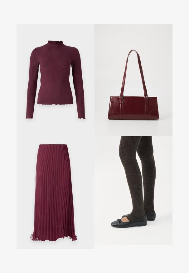 Ribstrikket, langærmet, mørkelilla sweater med falsk flæsekrave og matchende flæsekanter på ærmer og kant.; Lang burgunderfarvet plisseret nederdel lavet af letvægtsstof med elastisk talje og en let flæset kant. Teksturerede lodrette plisseringer overalt.; Ben iført mørke ribbede leggings kombineret med sorte balletsko med små sløjfedetaljer på hvid baggrund.; Bordeaux håndtaske lavet af glansfuldt materiale, rektangulær form, med to skulderremme og subtile buede detaljer på forsiden.