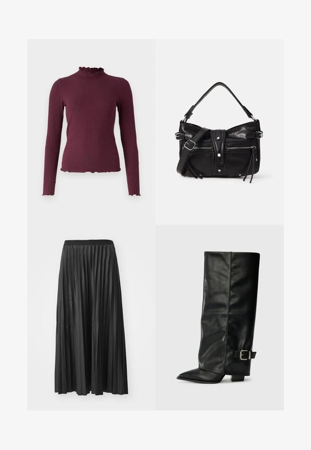 Pull côtelé à manches longues violet foncé avec un col volanté factice et des bords à volants assortis aux manches et à l'ourlet.; Jupe maxi plissée noire avec une texture lisse et une taille élastique, dotée de plis verticaux qui créent du volume et du mouvement.; Bottes noires en cuir longueur cheville avec un bout pointu, texture lisse et une accent en boucle argentée sur le côté. Talon carré épais.; Even&Odd by Zalando H24462 - Sac à main - black