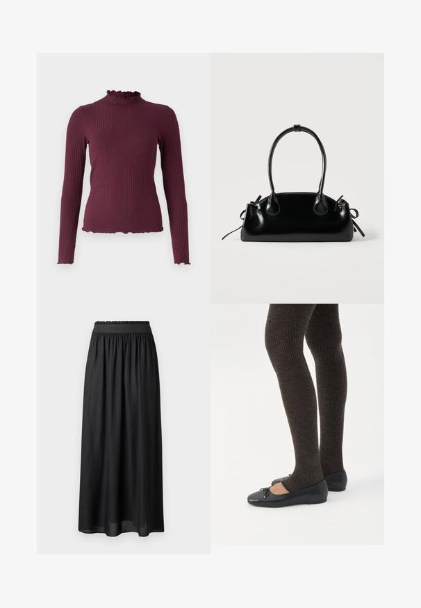 Ribstrikket, langærmet, mørkelilla sweater med falsk flæsekrave og matchende flæsekanter på ærmer og kant.; Sort mid-længde nederdel lavet af letvægtsstof, med elastisk talje og en svævende silhuet med en glat tekstur.; Ben iført mørke ribbede leggings kombineret med sorte balletsko med små sløjfedetaljer på hvid baggrund.; Lille sort blank håndtaske med to lange håndtag og snøre-detaljer i siden på en ensfarvet lys baggrund.