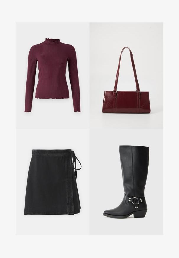 Ribstrikket, langærmet, mørkelilla sweater med falsk flæsekrave og matchende flæsekanter på ærmer og kant.; Sort denim omslag nederdel med høj talje, bindebånd i siden og en let A-formet silhuet med ren syning langs kanterne.; Sorte læderknæhøje støvler med spids tå, der har en dekorativ ankelrem og sølvfarvede hardware-detaljer. Lav stablet hæl.; Bordeaux håndtaske lavet af glansfuldt materiale, rektangulær form, med to skulderremme og subtile buede detaljer på forsiden.