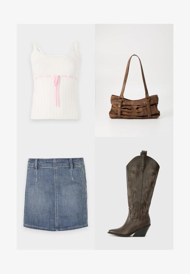 Hvid ribbet tanktop med en tætsiddende pasform, der har en pink snoreliv og blonder trim på stropperne. Tekstur med et subtilt mønster.; Denim mini nederdel i lys blå med en klassisk pasform. Har forlommer og bæltestropper, samt en lige kant og subtil lysning.; Brune læder cowboystøvle med spids tå, kilehæl og dekorativ broderi. Har en høj stok og en trækflap.; Even&Odd by Zalando Håndtasker - brown