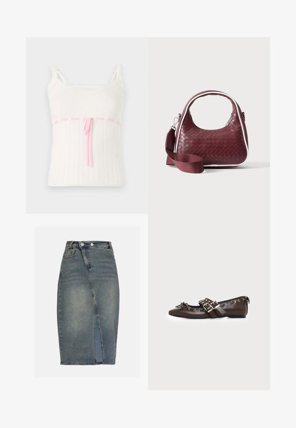 Hvid ribbet tanktop med en tætsiddende pasform, der har en pink snoreliv og blonder trim på stropperne. Tekstur med et subtilt mønster.; Denim blyantskørt i falmet blå med en frontslids, to forlommer og sølvknap lukning. Let distressed tekstur.; Mørkebrune lædersko med flad sål og spids snude, dobbelt sølvsnørrebånd, metaløjer og dekorativ sløjfe foran.; Mørkerød vævet lædertaske med buet hank, hvid kant, sølv lynlås og aftagelig bred stofskulderrem mod en ensfarvet baggrund.