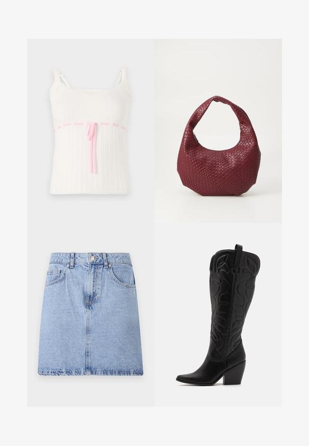 Hvid ribbet tanktop med en tætsiddende pasform, der har en pink snoreliv og blonder trim på stropperne. Tekstur med et subtilt mønster.; Lyseblå denimskirt med fem lomme-design, frontknap og lynlåslukning samt rå kant. Glat tekstur med let falmning.; Sorte knæhøje støvler i læder med spids snude og lagdelt hæl. Har dekorative syninger og buede designelementer.; Vævet bordeaux håndtaske med en rund silhuet, et enkelt håndtag og en tekstureret overflade. Lynlåslukning øverst.