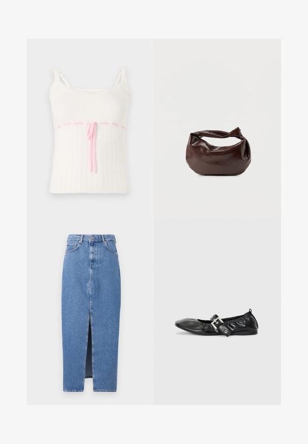 Top de tirantes blanco acanalado con un diseño ajustado, que cuenta con una cintura regulable de cuerda rosa y un acabado de encaje en los tirantes. Texturizado con un patrón sutil.; Falda midi de mezclilla azul claro con una abertura frontal, diseño clásico de cinco bolsillos y cierre con botón en la parte superior. La tela tiene una ligera textura.; Zapato plano de piel negra con puntera afilada, detalle fruncido alrededor de la abertura y un acento de hebilla plateada en la correa ajustable.; Bolso de hombro de cuero marrón oscuro con una forma suave y caída, y un asa con nudo torcido sobre un fondo blanco liso.