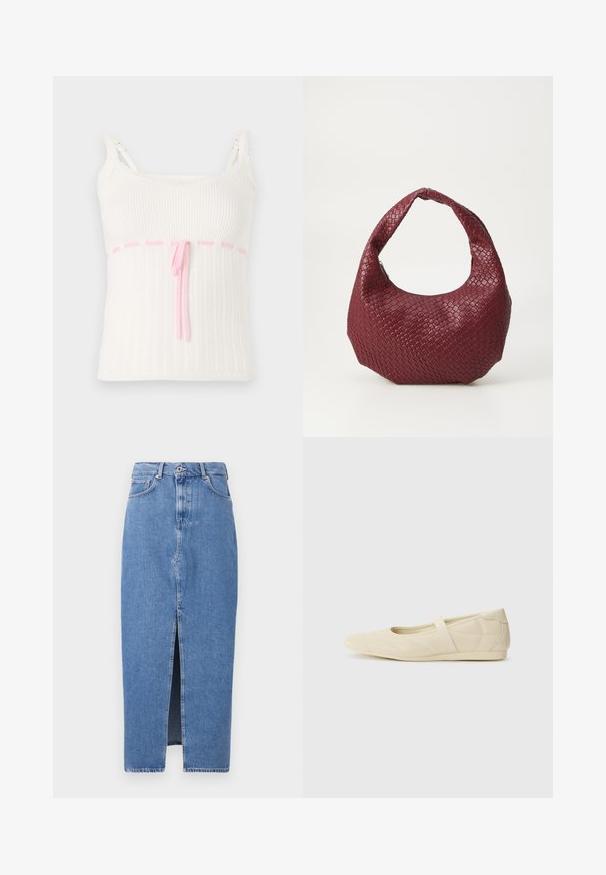 Hvid ribbet tanktop med en tætsiddende pasform, der har en pink snoreliv og blonder trim på stropperne. Tekstur med et subtilt mønster.; Lyseblå denim midi-nederdel med en frontslids, klassisk fem-lomme design og lukning med topknap. Stoffet har en let struktur.; Lysebrune ballet flats med en glat læderoverflade, mandelformet tå og elastisk rem over vristen, med diskrete syninger.; Vævet bordeaux håndtaske med en rund silhuet, et enkelt håndtag og en tekstureret overflade. Lynlåslukning øverst.