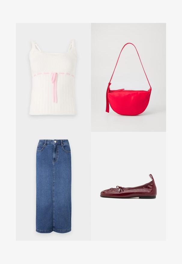Hvid ribbet tanktop med en tætsiddende pasform, der har en pink snoreliv og blonder trim på stropperne. Tekstur med et subtilt mønster.; Mørkeblå denim maxiskørt med lige snit, talje med knaplukning og minimale syninger.; Bourgogne patenterede læderballetflade med rund tå, tynd sort sål og en sløjfeaccent foran. Glat, blank overflade.; Rød læder skuldertaske med en buet form, en lynlåslukning og en tynd justerbar rem. Glat tekstur med syningsdetaljer.
