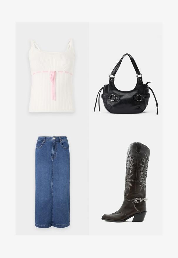 Hvid ribbet tanktop med en tætsiddende pasform, der har en pink snoreliv og blonder trim på stropperne. Tekstur med et subtilt mønster.; Mørkeblå denim maxiskørt med lige snit, talje med knaplukning og minimale syninger.; Sort læder cowboystøvle med dekorative udskæringer, sølvspænde og skrå hæl, vist på hvid baggrund.; Sort læderhåndtaske med en rund form, der har to sidelukninger, en glat tekstur og en kort skulderrem. Der er pynt i form af sidekæder.