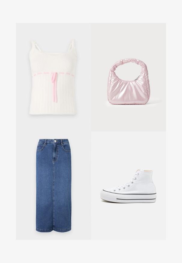 Hvid ribbet tanktop med en tætsiddende pasform, der har en pink snoreliv og blonder trim på stropperne. Tekstur med et subtilt mønster.; Mørkeblå denim maxiskørt med lige snit, talje med knaplukning og minimale syninger.; Hvide høj-top sneakers lavet af kanvasmateriale, sort gummisål og kontrasterende sort stribe på mellemsålen. Rund tåhætte og snørebåndsdesign.; Rosa, polstret håndtaske med afrundet design, lavet af skinnende materiale. Har et samlet håndtag og en lynlås til sikker adgang.