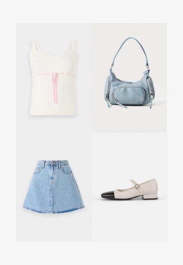 Top de tirantes blanco acanalado con un diseño ajustado, que cuenta con una cintura regulable de cuerda rosa y un acabado de encaje en los tirantes. Texturizado con un patrón sutil.; Falda de mezclilla en corte A de color azul claro con dobladillo deshilachado, cinco bolsillos y cierre de botón. Presenta herrajes en tono cobre y detalles de costura sutiles.; Zapato estilo Mary Jane en cuero crema con puntera de charol negro. Presenta una punta redonda, tirante en el tobillo con una hebilla cuadrada y un tacón bajo y cuadrado.; Bolso de mano de cuero azul claro con forma redondeada, dos bolsillos con cremallera, un asa corta y acentos de hardware en plata. Textura suave.