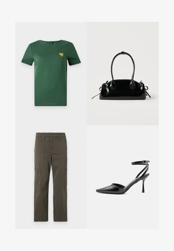 Groene katoenen t-shirt met een ronde halslijn en korte mouwen. Bevat een kleine gouden hart graphic op de borst. Zachte textuur, casual pasvorm.; Good American CROPPED PANTS - Cargobroek - fatigue; Zwarte pumps met puntige neus, dunne enkelbandjes en een zilveren gesp op een effen lichte achtergrond.; Kleine zwarte glanzende handtas met twee lange hengsels en zijkant trekkoord details op een effen lichte achtergrond.
