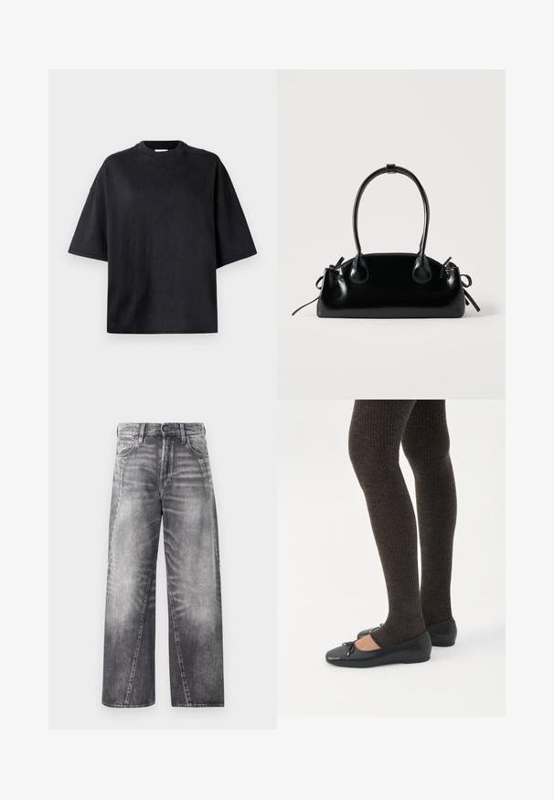 Zwarte oversized t-shirt gemaakt van zachte katoen. Voorzien van een ronde ronde hals, korte mouwen en een gladde structuur. Geen zichtbare patronen of accenten.; Wijduitlopende jeans in vergrijsd denim. Heeft een klassieke knoop- en ritssluiting, vijf zakken en subtiele whiskeringdetails.; Benen met donkere geribbelde leggings gecombineerd met zwarte ballerina's met kleine strikdetails op een witte achtergrond.; Kleine zwarte glanzende handtas met twee lange hengsels en zijkant trekkoord details op een effen lichte achtergrond.