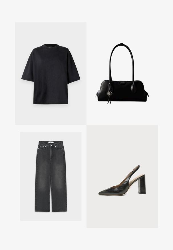 Sort oversized t-shirt lavet af blødt bomuld. Har en rund crew neck, korte ærmer og en glat tekstur. Ingen synlige mønstre eller accenter.; Sorte jeans med vide ben i denim med en falmet finish, der har lukning med knap og lynlås, fem-lomme-design og kontrasterende syninger.; Sort læder peep-toe slingback sko med høj blokhæl og beige indvendig foring mod en ensfarvet lys baggrund.; Sort lædertaske fra Calvin Klein med lange håndtag, en forside-logo-tag og en sølv geometrisk vedhæng, der hænger fra det ene håndtag.