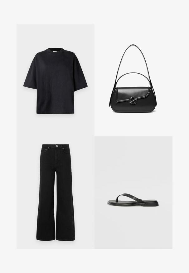 Camiseta negra de gran tamaño hecha de algodón suave. Presenta un cuello redondo, mangas cortas y una textura suave. Sin patrones ni acentos visibles.; Vaqueros negros de pierna ancha hechos de denim; cuentan con cintura alta, bolsillos delanteros y cierre de botón. Sin patrones o adornos visibles.; Chancla negra de piel suave, con un diseño de tira delgada y una suela plana de perfil mínimo. Sin patrones ni acentos notables.; Bolso de hombro de cuero negro con una solapa curva asegurada por un broche metálico redondo y una correa delgada y ajustable.