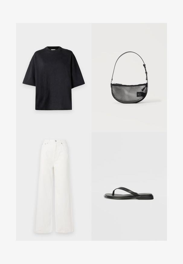 Camiseta negra de gran tamaño hecha de algodón suave. Presenta un cuello redondo, mangas cortas y una textura suave. Sin patrones ni acentos visibles.; Jeans de mezclilla de cintura alta y pierna ancha en color blanco. Cuenta con bolsillos delanteros, un cierre de botón y detalles de dobladillo deshilachado.; Chancla negra de piel suave, con un diseño de tira delgada y una suela plana de perfil mínimo. Sin patrones ni acentos notables.; Bolso de malla negra en forma de media luna con una correa corta ajustable de cuero y cierre de cremallera sobre un fondo claro y liso.