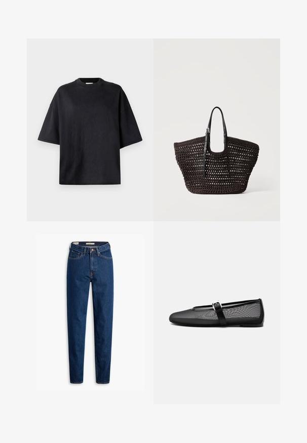 Sort oversized t-shirt lavet af blødt bomuld. Har en rund crew neck, korte ærmer og en glat tekstur. Ingen synlige mønstre eller accenter.; Mørkeblå denimjeans med høj talje, lige ben, en enkelt knappelukning og kontrastfarvet orange syning. Minimalistisk design, uden udsmykninger.; Sort mesh balletflat med rundt tåparti og justerbar Mary Jane-rem med sølvspænde, på en ensartet lys grå baggrund.; Sort vævet mulepose med åbent vævemønster og justerbare skulderstropper i læder, vist på en ensartet lys baggrund.