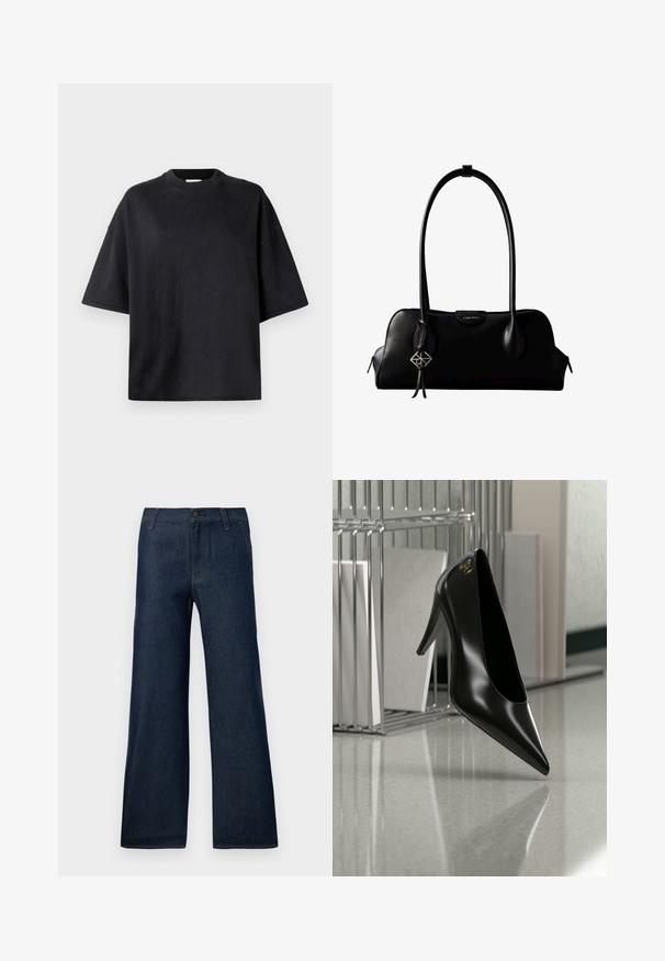 Camiseta negra de gran tamaño hecha de algodón suave. Presenta un cuello redondo, mangas cortas y una textura suave. Sin patrones ni acentos visibles.; Jeans de tiro alto de pierna ancha en azul oscuro, confeccionados en denim, con un diseño clásico de cinco bolsillos, cierre de botón y detalles de costura sutiles.; Zapato de tacón alto negro con punta afilada y logo dorado, colocado sobre una superficie reflectante cerca de un organizador de archivos de alambre cromado con documentos.; Bolso de mano negro de cuero Calvin Klein con asas largas, una etiqueta con el logo frontal y un colgante geométrico plateado que cuelga de una de las asas.