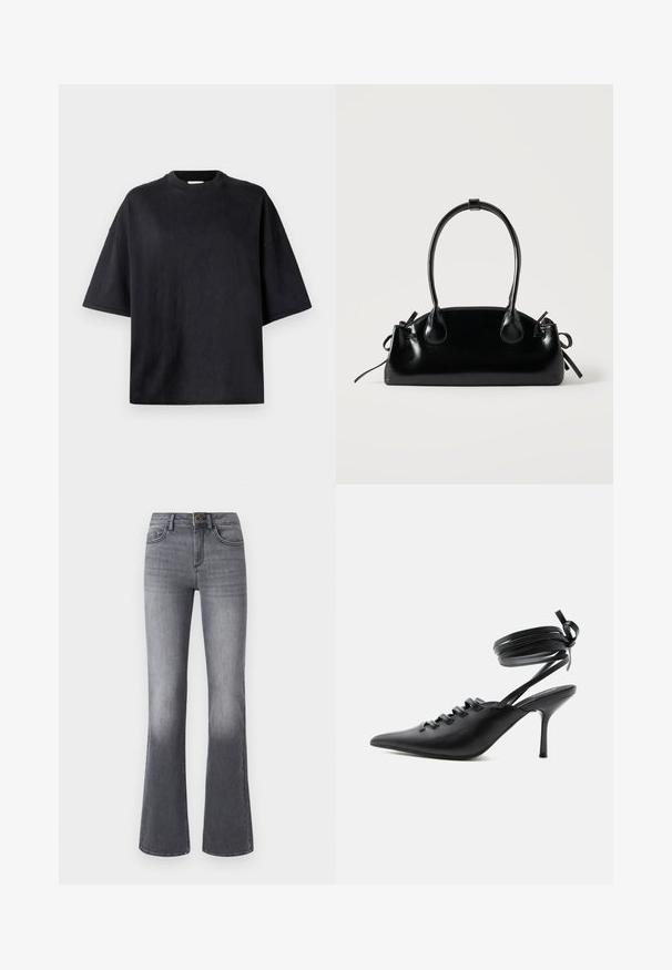 Zwarte oversized t-shirt gemaakt van zachte katoen. Voorzien van een ronde ronde hals, korte mouwen en een gladde structuur. Geen zichtbare patronen of accenten.; High-waisted flared jeans in donkergrijze denim, met voorzakken, een knoopsluiting en subtiele vervaging naar de zoom toe.; Zwarte pumps met spitse neus en hoge hak, met veters aan de voorkant en riempjes die rond de enkel wikkelen en zijn gestrikt in een strik, gezien vanaf de zijkant tegen een witte achtergrond.; Kleine zwarte glanzende handtas met twee lange hengsels en zijkant trekkoord details op een effen lichte achtergrond.