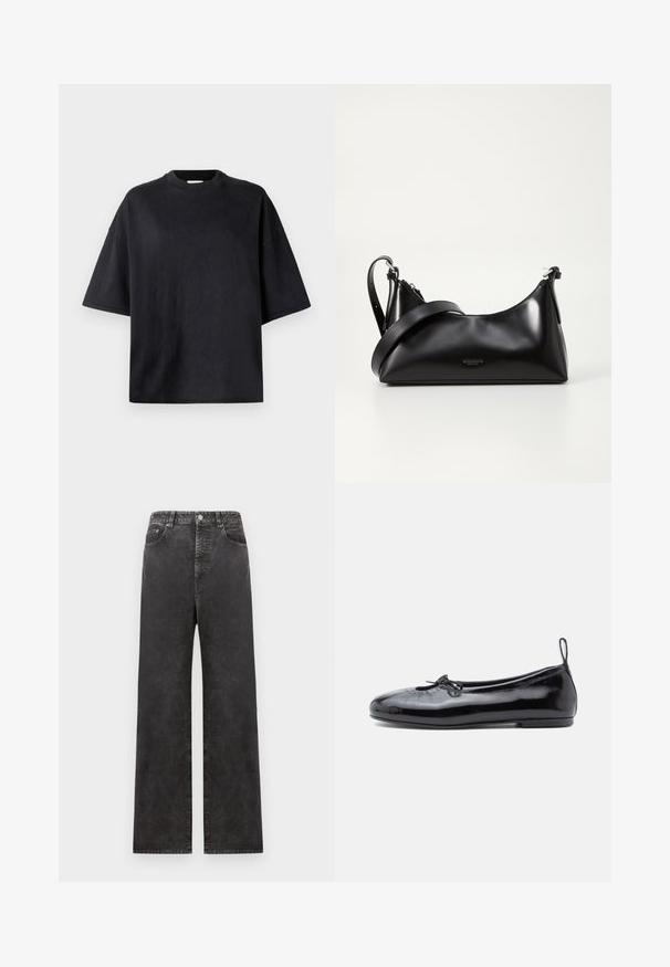 Zwarte oversized t-shirt gemaakt van zachte katoen. Voorzien van een ronde ronde hals, korte mouwen en een gladde structuur. Geen zichtbare patronen of accenten.; Zwarte denim broek met wijde pijpen en een hoge taille, voorzien van voorzakken, een knoopsluiting en een licht vervaagde structuur.; Zwarte gepoetste leren balletschoenen met een ronde neus, een klein strikje en een gladde textuur; heeft een lage platte zool en een lusje aan de hiel.; Zwarte leren handtas met een gladde textuur. Beschikt over een verstelbare schouderband en een strak, minimalistisch ontwerp met een ritssluiting.