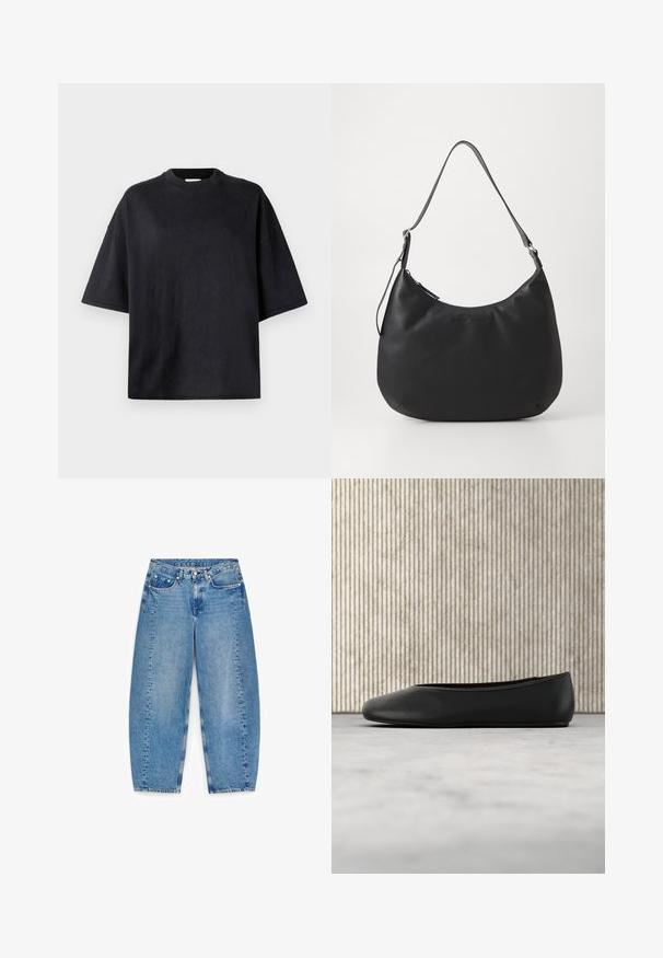 Zwarte oversized t-shirt gemaakt van zachte katoen. Voorzien van een ronde ronde hals, korte mouwen en een gladde structuur. Geen zichtbare patronen of accenten.; Lichtblauwe denim jeans met hoge taille, wijde pijpen en vijf zakken. Voorzien van contrasterende stiksels en een kleine metalen knoopsluiting.; Zwarte leren balletflat met een afgeronde neus, een gladde textuur en een gouden logoaccent aan de zijkant. Geplaatst boven een reflecterend oppervlak.; Zwarte hobo tas gemaakt van glad, duurzaam materiaal. Heeft een enkele verstelbare schouderriem en een subtiele geperste logo op de voorkant.