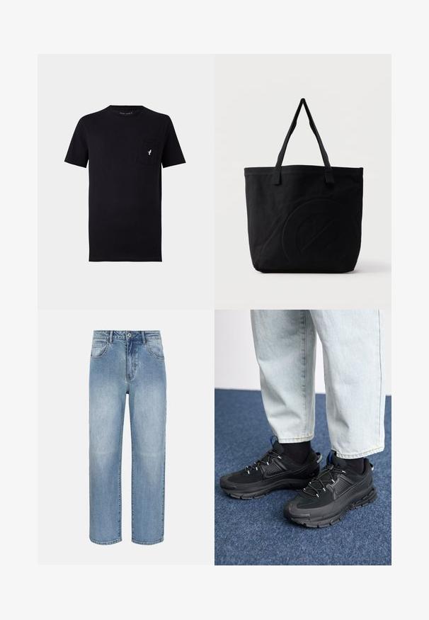 T-shirt en coton noir à manches courtes, col rond et poche avant avec un petit logo d'oiseau blanc. Texture douce et design simple.; Jean droit bleu clair avec bouton frontal, fermeture éclair, passants de ceinture et poches avant sur fond blanc.; Des chaussures de sport noires avec un tissu texturé et des semelles en caoutchouc, dotées de lacets élastiques et d'un accent bleu au talon. Portées avec un pantalon en denim clair.; Sac fourre-tout en toile noire avec deux bandoulières et un motif circulaire discret en relief sur le devant.
