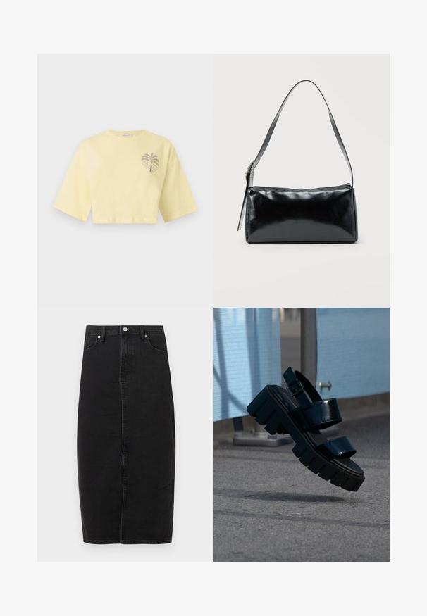 Ανοιχτό κίτρινο crop T-shirt με φαρδιά κοντά μανίκια και μικρό γραφικό φοίνικα στην αριστερή πλευρά του στήθους.; Μαύρη τζιν φούστα με ψηλή μέση, τελείωμα μέχρι το γόνατο, ραφή μπροστά και κλασικό σχέδιο με πέντε τσέπες. Διαθέτει μεταλλικό κουμπί και διακριτή υφή.; Μαύρο chunky πλατφόρμα σανδάλι με δύο λουριά και αγκράφα, αιωρούμενο στον αέρα πάνω από γκρίζο πεζοδρόμιο και μπλε υφασμάτινο φόντο.; Μαύρη ορθογώνια τσάντα ώμου με έναν ρυθμιζόμενο ιμάντα και κλείσιμο με φερμουάρ στην κορυφή σε μονόχρωμο φόντο.