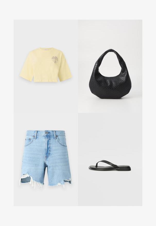 T-shirt court de couleur jaune pâle avec larges manches courtes et petit motif de palmier sur la poitrine gauche.; Shorts en denim bleu clair avec un design classique à cinq poches, ourlet effiloché et détails usés à l'avant.; Tongs noires en cuir lisse, avec un design de sangle fine et une semelle plate à profil minimal. Aucun motif ou accent notables.; Sac à main tissé noir avec une poignée courbée, présentant une surface texturée et une forme décontractée. Fini lisse avec une silhouette organique.