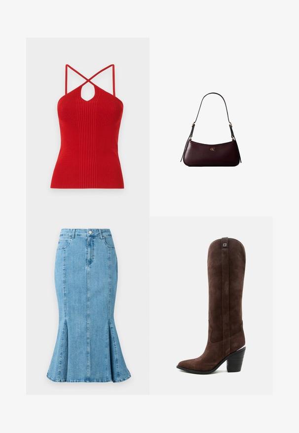 Haut halter rouge à côtes avec une découpe en clé, des bretelles croisées fines et une coupe ajustée. Fabriqué en matière tricot extensible.; Jupe crayon en denim bleu clair avec un ourlet évasé et des fentes latérales, dotée d'une fermeture à bouton à l'avant et de poches. Design simple et épuré.; Botte haute en daim marron style western avec bout pointu et talon noir empilé sur un fond uni clair.; Sac à main en cuir bordeaux foncé avec une fine sangle d'épaule noire et un petit logo doré "cK" au centre devant.