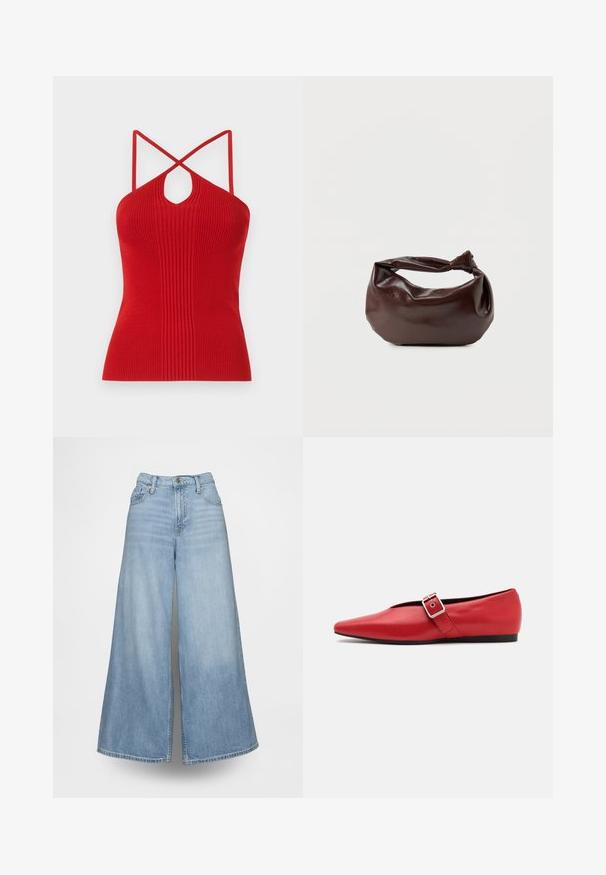 Haut halter rouge à côtes avec une découpe en clé, des bretelles croisées fines et une coupe ajustée. Fabriqué en matière tricot extensible.; Jean denim bleu clair à jambes larges, avec une taille haute, des poches avant et une fermeture à boutons. Le tissu présente un effet délavé.; Ballerine en cuir rouge avec une pointe pointue, comportant une lanière sur le côté avec une boucle en métal et un petit talon noir. Texture lisse sur l'ensemble.; Sac bandoulière en cuir marron foncé avec une forme souple et décontractée et une anse nouée torsadée sur un fond blanc uni.