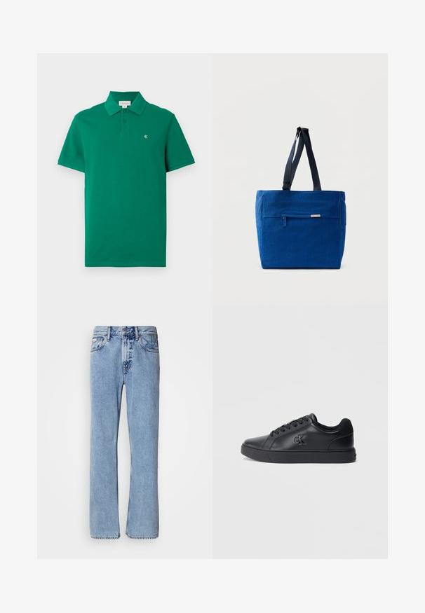 Polo vert en coton, avec un col classique, des manches courtes, et un petit logo CK brodé sur la poitrine.; Jean en denim bleu clair avec une coupe droite, cinq poches et une fermeture à bouton. Détails de couture près des poches et de la taille.; Baskets en cuir noir avec un design à lacets, semelle en caoutchouc et logo embossé sur le côté, présentant une texture lisse et un style minimaliste.; Sac fourre-tout en toile bleue avec une poche zippée à l'avant, des doubles bretelles et une forme rectangulaire. Dispose d'une étiquette de marque discrète.