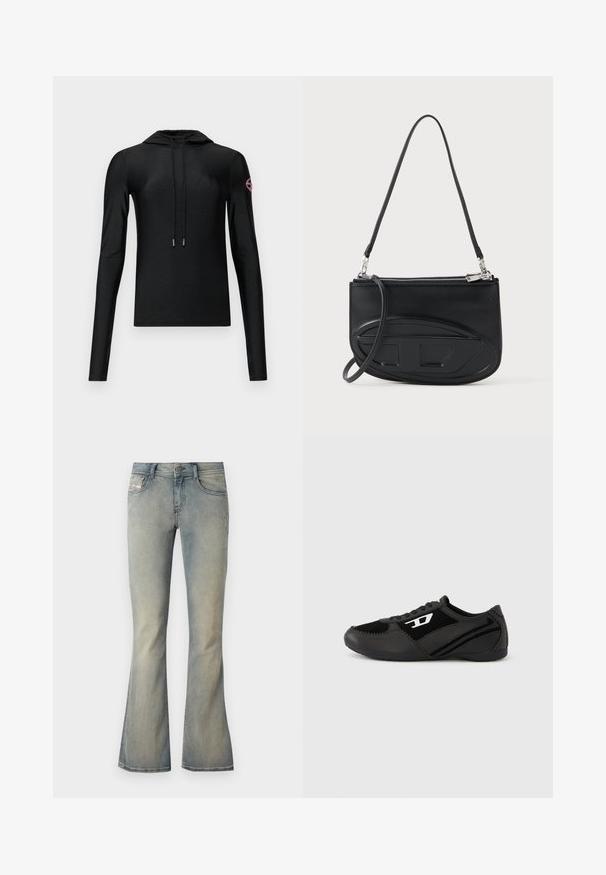 Sort hætte-trøje med lange ærmer og tætsiddende design, med en front snoretræk og et rundt logo-patch i pink på højre ærme.; Lys blå denim flared jeans med en mid-rise talje, subtilt slid og standard fem-lomme design. Har en front knaplukning.; Sorte atletik sko med ruskind og syntetisk overdel, med et struktureret design, rundet tå og flad sål. Sølvfarvet logo på siden.; Sort lædertaske med en lang rem, der har en glat overflade og præget design. Lynlåslukning langs toppen.